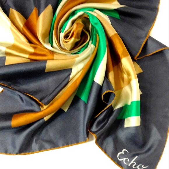 Echo Silk Scarf Vintage Geometric Pattern Large 31" square - Picture 2 of 9